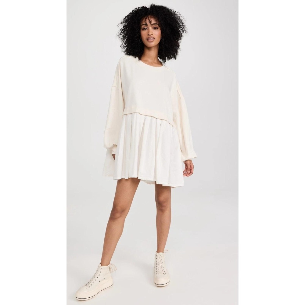 Free People Eleanor Tunic Sweatshirt S Cream White Cotton Poplin Heart Pleated